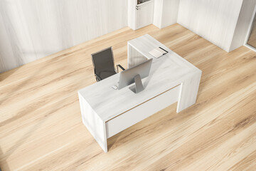 Top view on office room interior with desktop, comfortable armchair