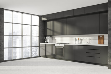 Corner view on dark kitchen room interior with panoramic window