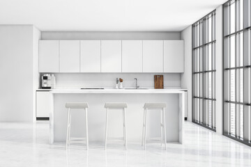 White kitchen space with panoramic windows and breakfast bar