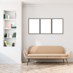 Gallery room interior with three white empty posters