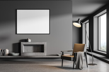 Horizontal poster in a dark grey seating area with armchair and fireplace