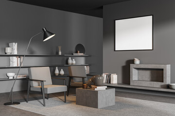 Poster in a minimalist grey living room with two armchairs. Corner view.