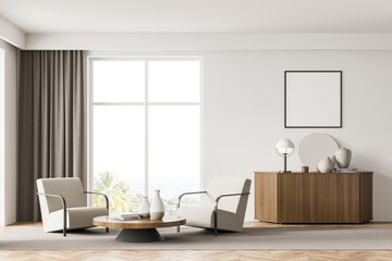 Living room interior with white empty poster, two armchairs