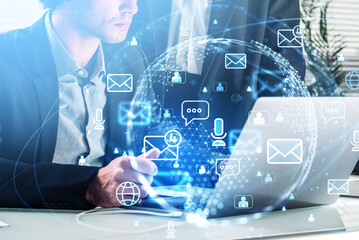 Businessman and businesswoman wearing formal suit are chatting o