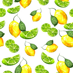 Seamless pattern with juicy lemons and limes. Watercolor background. Bright fruits with green leaves for textiles, wallpaper, dishes and packaging.