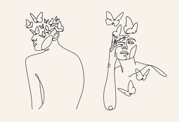 Abstract face with butterfly by one line drawing. Portrait minimalistic style.  Botanical print. Nature symbol of cosmetics. Modern continuous line art.  Fashion print. Beaty salon art