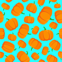 Seamless pattern with hand drawn pumpkins on blue background. Vector eps illustration