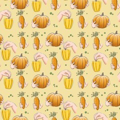 Yellow seamless pattern with vegetables. Pepper, carrot, pumpkin. Hands holding food. Vegetarian day. Isolated on yellow background