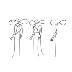 One Line Art Woman in dress Drawing.  Woman in hat Vector. Female Logo. Contouring Line. Minimalist Hat. Wedding salon