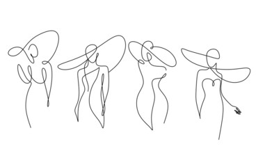 One Line Art Woman in dress Drawing.  Woman in hat Vector. Female Logo. Contouring Line. Minimalist Hat. Wedding salon