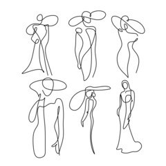 One Line Art Woman in dress Drawing.  Woman in hat Vector. Female Logo. Contouring Line. Minimalist Hat. Wedding salon