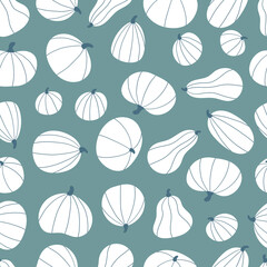 Fototapeta na wymiar Seamless pattern with stylized white pumpkins on green background. Hand drawn doodle vegetable. Autumn vector illustration for Thankful day or Halloween celebration.