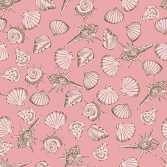 貝殻のシームレスなパターン。テキスタイル、壁紙、包装紙のデザイン。