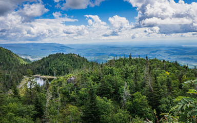 Fototapeta na wymiar View on Saguenay on a summer day from the top of Pic de la Hutte, a peak located in Monts Valin National Park (Quebec, Canada)