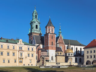 Fototapeta na wymiar Krakow, Poland. Wawel Cathedral or The Royal Archcathedral Basilica of Saints Stanislaus and Wenceslaus on Wawel Hill.