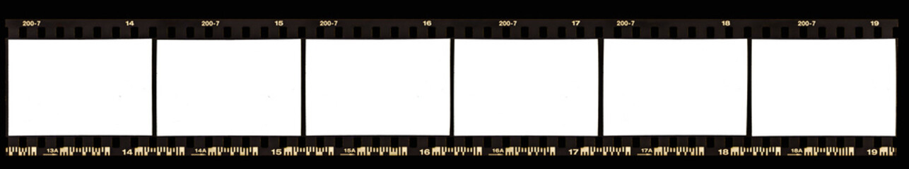 real scan of 35mm negative film strip on black background with white or empty frames for your content. retro photo placeholder. film border. - obrazy, fototapety, plakaty