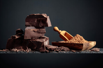 Black chocolate and wooden dish with cocoa powder on a dark background.