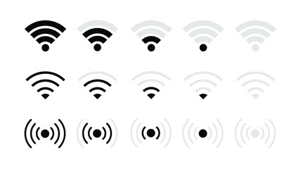 Set of wifi icons with signal strength level. Connection wave symbol from low to high. Isolated antenna sign with broadcast radius. Step of strength level. Vector EPS 10