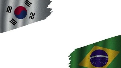 Brazil and South Korea Flags Together, Wavy Fabric Texture Effect, Obsolete Torn Weathered, Crisis Concept, 3D Illustration