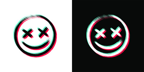 Vector Illustration Crazy Scary Brush Stroke Smile With 3D Tech Glitch Effect On White And Black Background