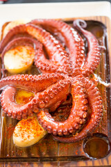 Pulpo Gallego -  whole galician octopus. Cooked octopus served with potatoes and paprika