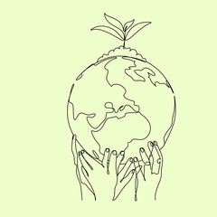 Save  nature line art vector. Two hands with little leaves. continuous line drawing of hand holding growing plant