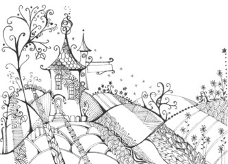 Fairytale landscape with house and trees on the hills. Black and white illustration.