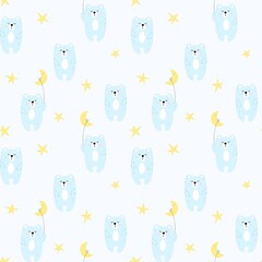 Seamless pattern with a cute bear, a month and stars. Design for clothing, fabric and other items. The illustration is hand-drawn with live lines in the doodle style.