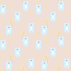 Seamless pattern with a cute bear, a month and stars. Design for clothing, fabric and other items. The illustration is hand-drawn with live lines in the doodle style.