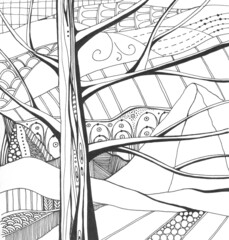 Black and white drawing with tree trunk with branches on the background of fantasy landscape