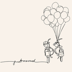 Bicycle with balloons and a basket full of flowers line art vector. Romantic Birthday card minimalist