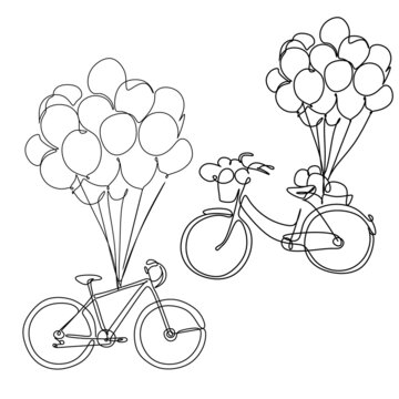 Bicycle with balloons and a basket full of flowers line art vector. Romantic Birthday card minimalist