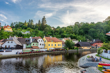 CESKY KRUMLOV, CZECH REPUBLIC, 1 AUGUST 2020: view of the river at dusk