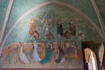 ZVIKOV, CZECH REPUBLIC, 1 AUGUST 2020: Beautiful ancient frescoes in the royal room of Zvikov Castle