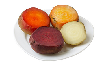 Multicolored boiled beets isolated on white background