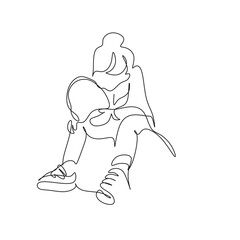 One line drawing. Father holds his happy son . Vector illustration