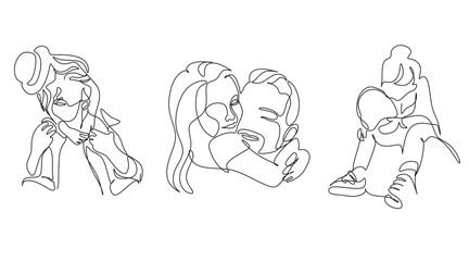 One line drawing. Father holds his happy son . Vector illustration