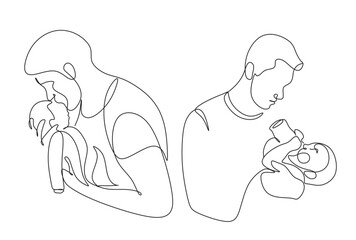 One line drawing. Father holds his happy son . Vector illustration