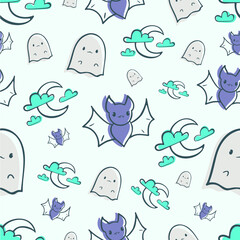 Vector seamless pattern of bats, ghosts and crescent moon on a blue background 