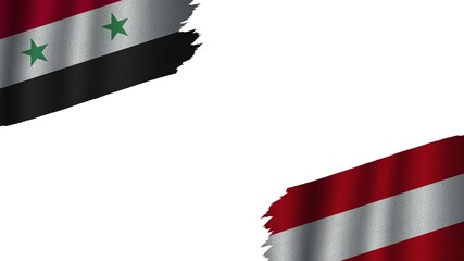 Austria and Syria Flags Together, Wavy Fabric Texture Effect, Obsolete Torn Weathered, Crisis Concept, 3D Illustration