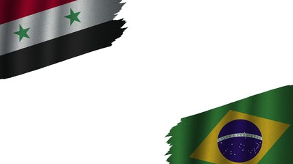 Brazil and Syria Flags Together, Wavy Fabric Texture Effect, Obsolete Torn Weathered, Crisis Concept, 3D Illustration