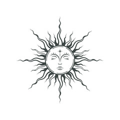Sketch tattoo mystical boho sun with face. Magical vector isolated illustration on white background