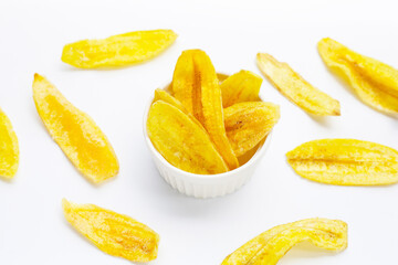 Banana slice chips on white background