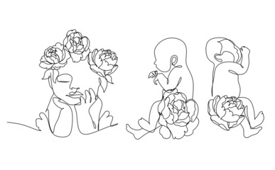 One line drawing illustration of a baby. VectorAbstract minimalist line drawing of small cute baby sleeping