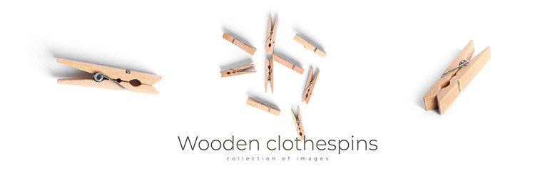 Wooden clothespins isolated on a white background.