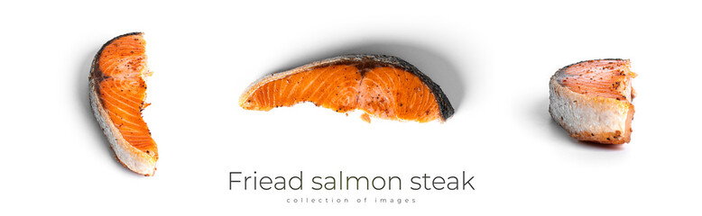 Friead salmon steak isolated on white background. Red fish.