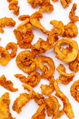 Fried crispy pork belly recipe on white background.