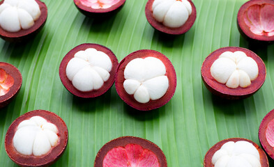 Fresh fruit, Mangosteen on banana leaf
