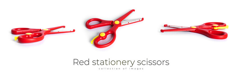Red stationery scissors isolated on a white background.