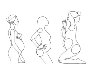 Pregnant woman one line drawing on white isolated background. Vector illustration	